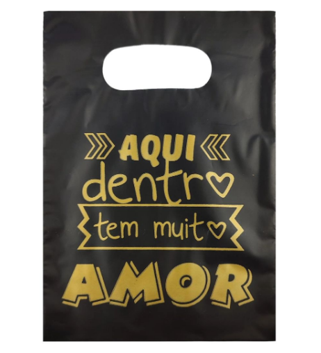 Sacola Plástica Aqui dentro tem Muito Amor - Preto - 15x20 pct com 10 peças
