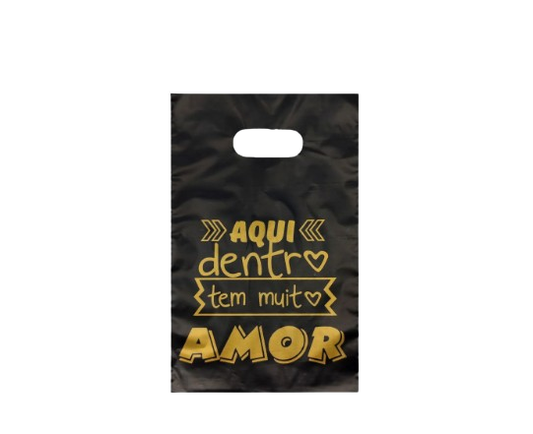 Sacola Plástica Aqui dentro tem Muito Amor - Preto - 20x30 pct com 10 peças