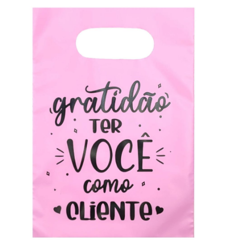 Sacola Plástica Gratidão ter Você como Cliente - Rosa Claro - 15x20 pct com 10 peças