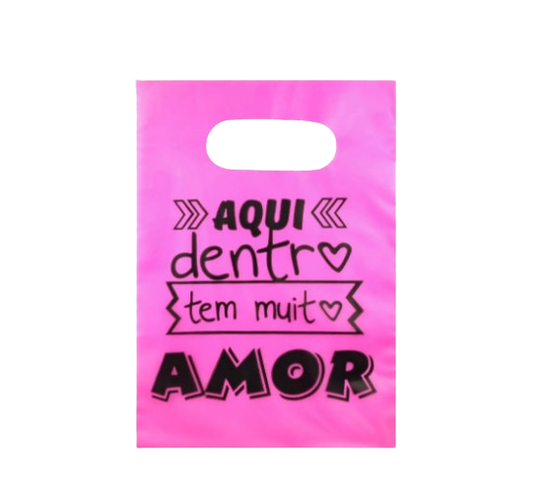 Sacola Plástica Aqui dentro tem Muito Amor - Pink - 15x20 pct com 10 peças