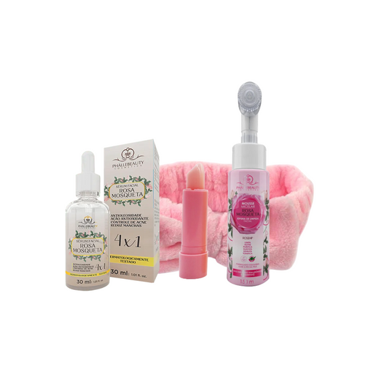 Combo Rosa Mosqueta 2 - Sérum Facial /Mousse  Rosa Mosqueta/Faixa cabelo/Batom - Phállebeauty